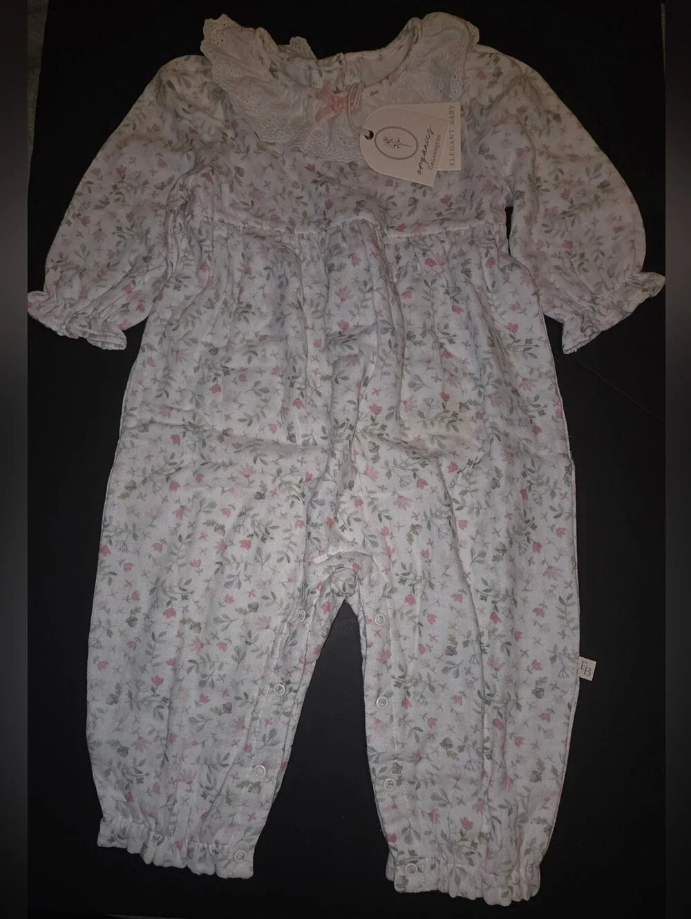 Delicate Floral Ruffle Collar Baby Romper - White with Pink & Green